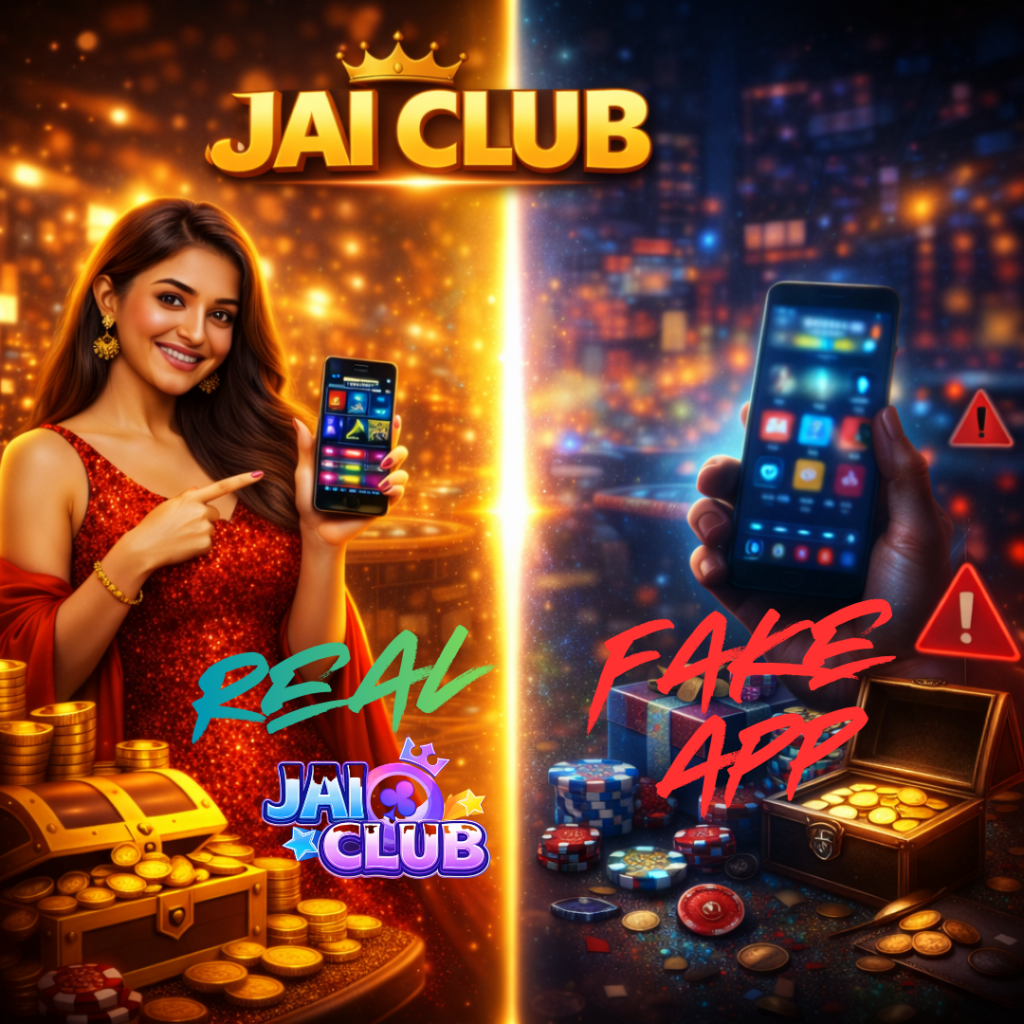 Jai Club Real or Fake 2026 review banner showing trusted vs scam comparison, platform features, user experience insights, and secure online gaming environment visual.