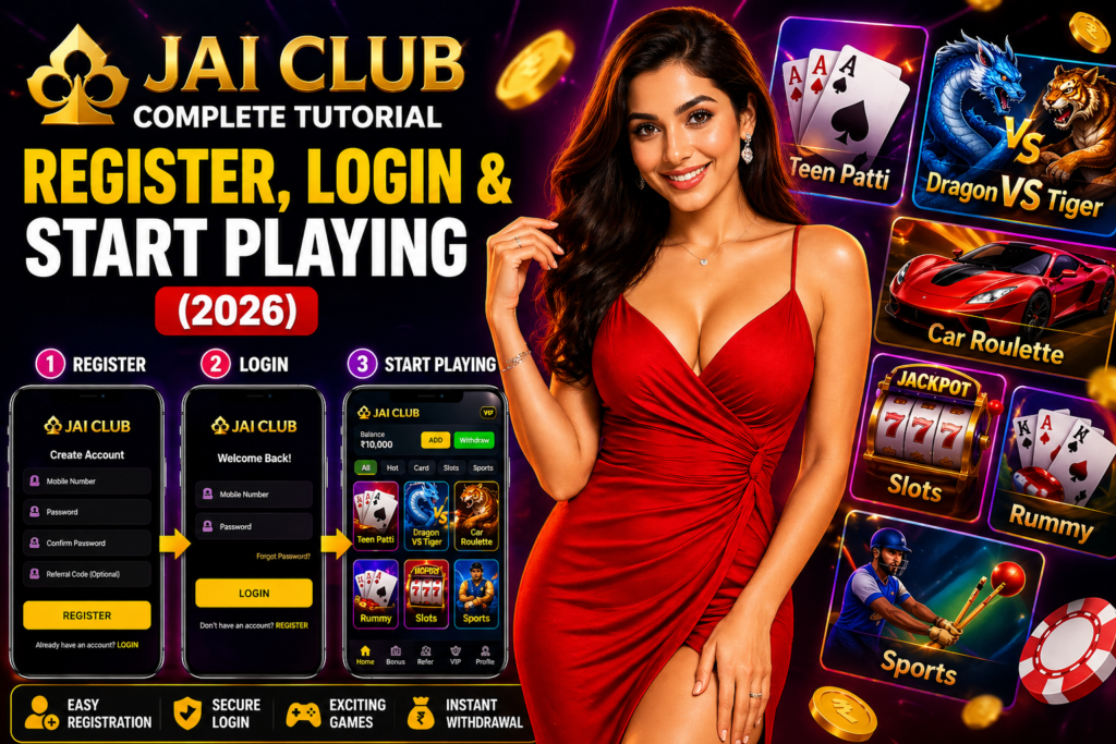 Front-facing promotional banner for Jai Club App showing a woman in a red dress with gaming app registration, login, and play interface along with casino-style game icons in the background.