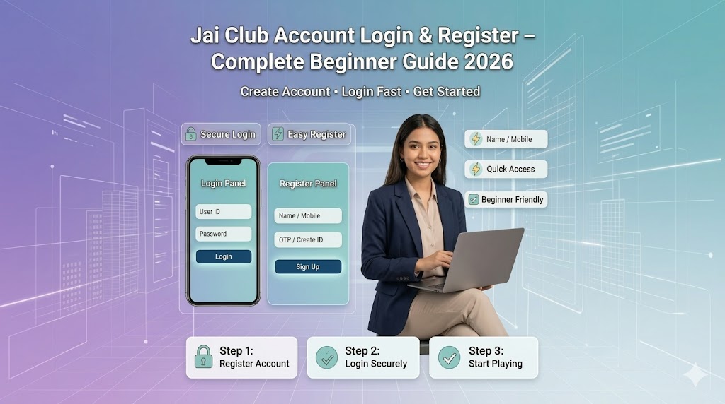 Jai Club login and register guide 2026 showing account setup, secure login panel, and beginner-friendly access process