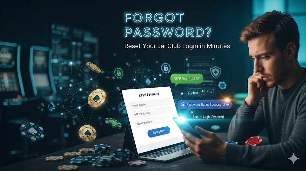 A professional 16:9 digital marketing banner titled "FORGOT PASSWORD? Reset Your Jai Club Login in Minutes". It depicts a man interacting with a secure password reset form on a tablet and phone, surrounded by glowing casino chips and a dark, modern gaming environment.