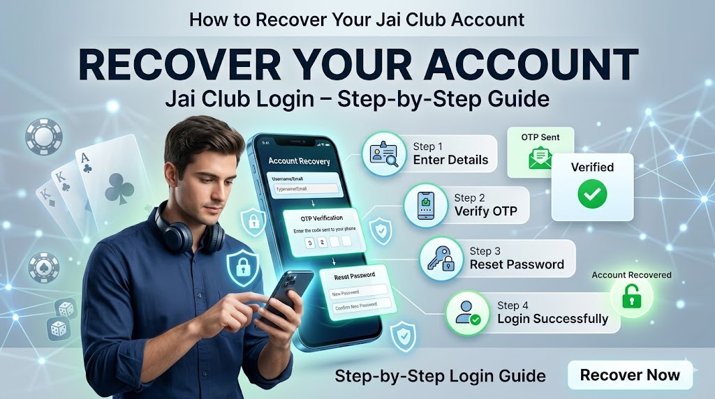Man using a smartphone to recover a Jai Club account with step-by-step icons and security shields.