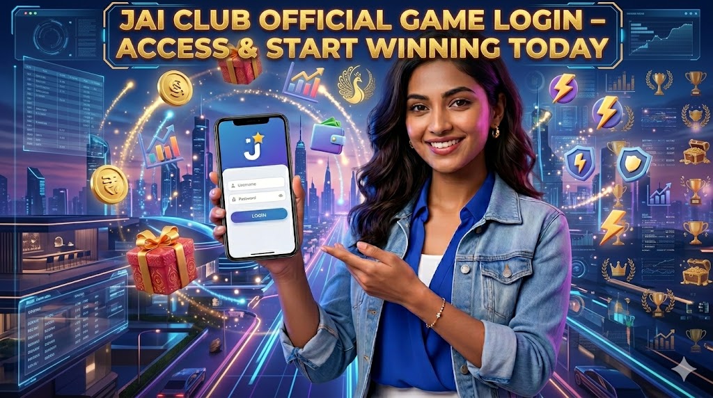 A high-resolution 3D promotional banner featuring a smiling young woman holding a smartphone displaying the Jai Club login interface. She is surrounded by floating 3D icons like gold coins, gift boxes, and trophies. The top of the image features the bold text: "JAI CLUB OFFICIAL GAME LOGIN – ACCESS & START WINNING TODAY."