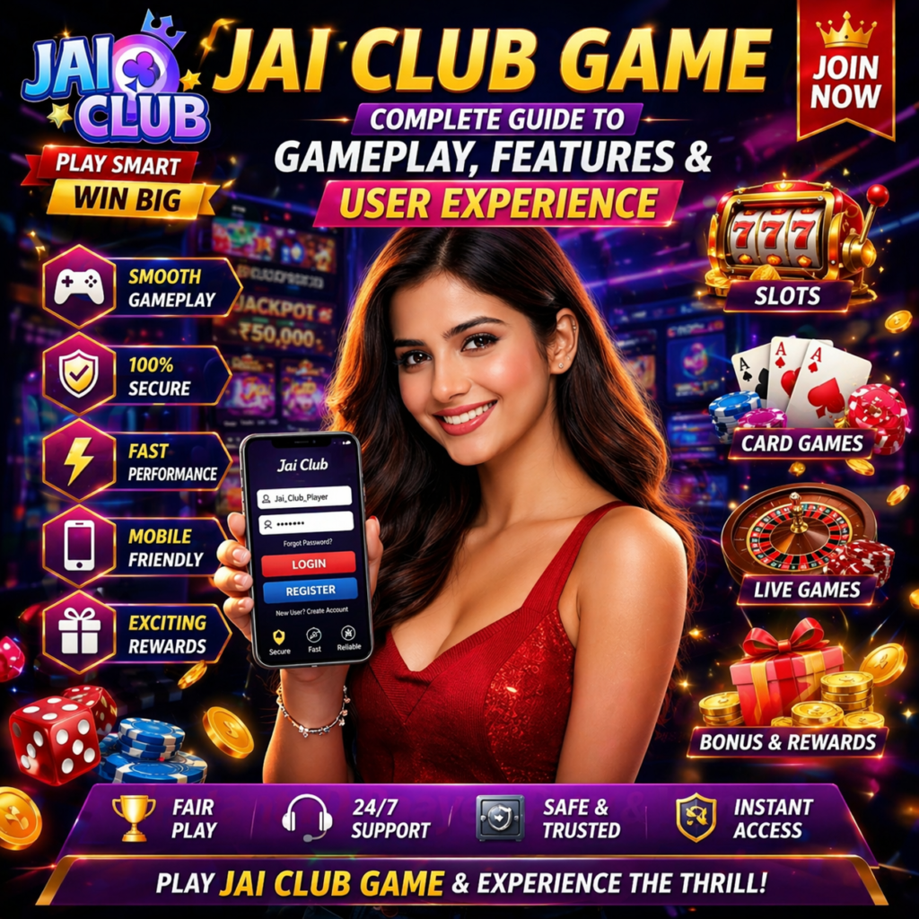 Jai Club Game promotional banner showing mobile gameplay interface, casino style games, and user experience features