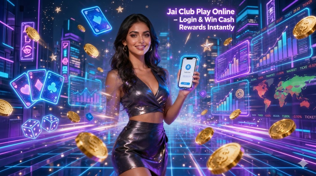 A glamorous 3D promotional banner featuring a stylish woman in a metallic outfit holding a glowing smartphone. She is set against a futuristic digital cityscape with neon blue and purple lights. Floating around her are gold coins, glowing stars, playing cards, and digital growth charts. The text in the top right reads: "Jai Club Play Online – Login & Win Cash Rewards Instantly."