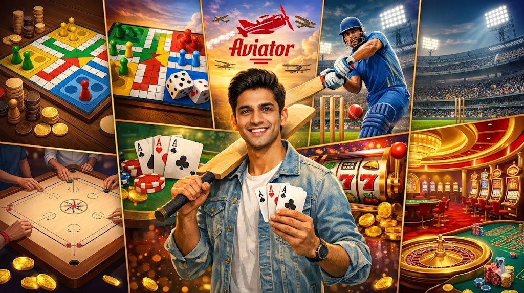 A 16:9 collage featuring a man holding a cricket bat and playing cards, surrounded by panels depicting Ludo, the Aviator game, a cricket match, a slot machine, and a luxury casino floor.