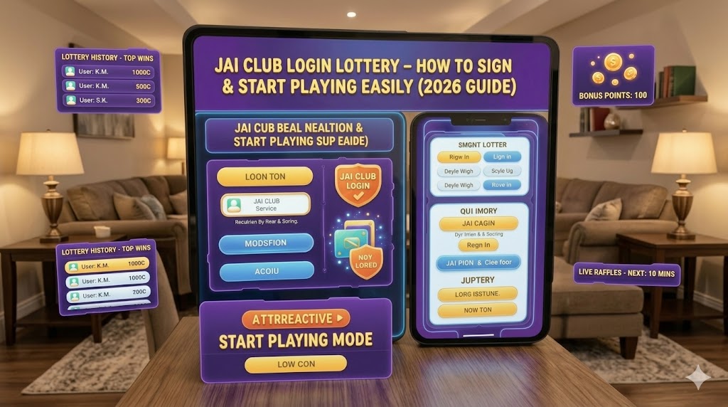 Jai Club Login Lottery guide showing login interface and start playing screen on mobile and tablet devices with step-by-step access options
