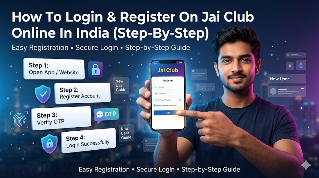 Illustration of a Jai Club login and registration guide showing a man holding a smartphone with step-by-step onboarding process displayed on screen.