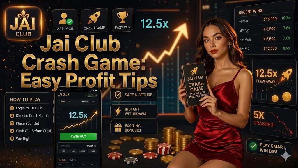 A professional woman in a red dress sitting in a modern gaming environment with a Jai Club Crash Game interface.