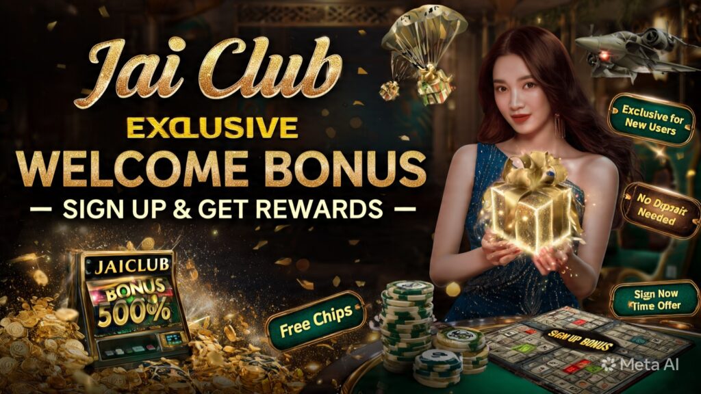 Jai Club welcome bonus banner with glowing rewards, free chips, casino game board, and woman holding gift box.