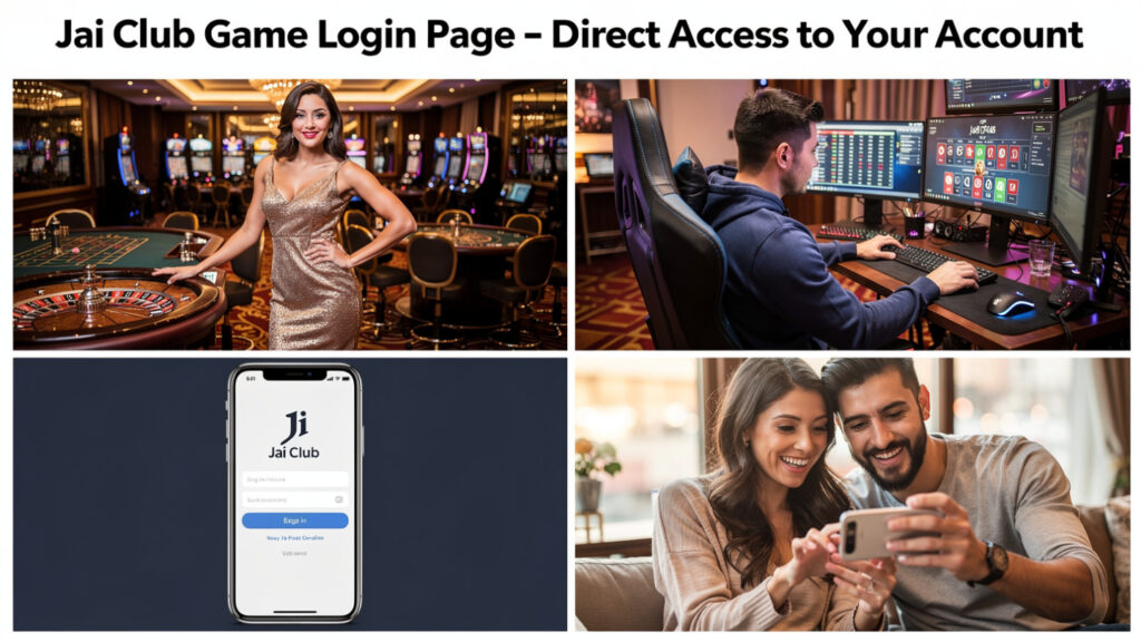16:9 collage banner divided into 4 quadrants showing different Jai Club login scenarios. Top left: elegant woman in a luxury casino. Top right: young man in a gaming chair at home. Bottom left: close-up of smartphone with Jai Club login UI. Bottom right: couple laughing together looking at phone. Bold header text across top reads "Jai Club Game Login Page – Direct Access to Your Account".