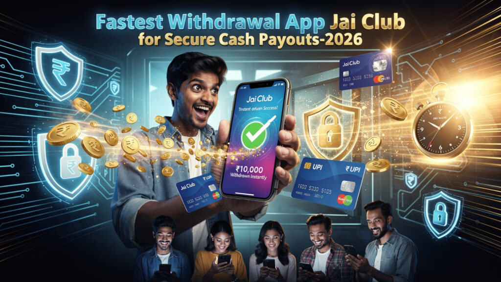 Excited young man holding smartphone showing Jai Club app with “₹10,000 Withdrawn Instantly” success screen. Gold rupee coins flow to UPI and Jai Club bank cards. Background has security shields, padlocks, digital vault, and stopwatch. Group of happy users on phones below.