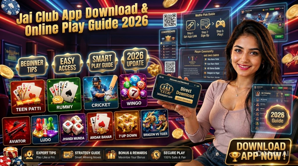 A premium 16:9 YouTube thumbnail showing a smiling Indian woman holding a smartphone with the Jai Club logo, surrounded by vibrant game icons like Ludo, Cricket, Aviator, and digital charts under glowing neon lights.