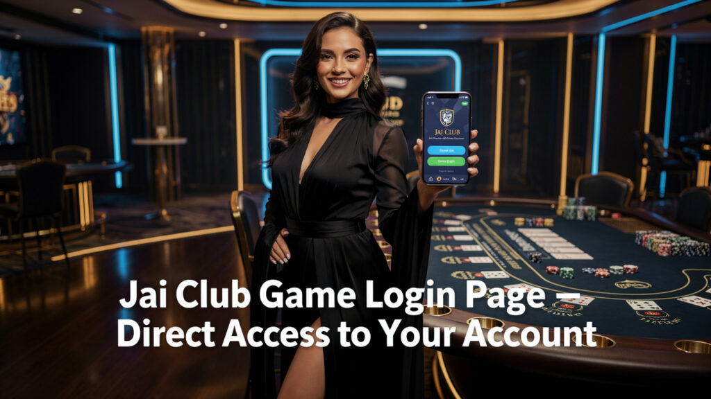 16:9 marketing banner featuring an elegant woman in professional evening attire smiling while holding a smartphone that displays the Jai Club Game Login Page. The background shows a luxury casino lounge with blue and gold neon lights and a poker table. Bold white text overlay reads "Jai Club Game Login Page – Direct Access to Your Account".