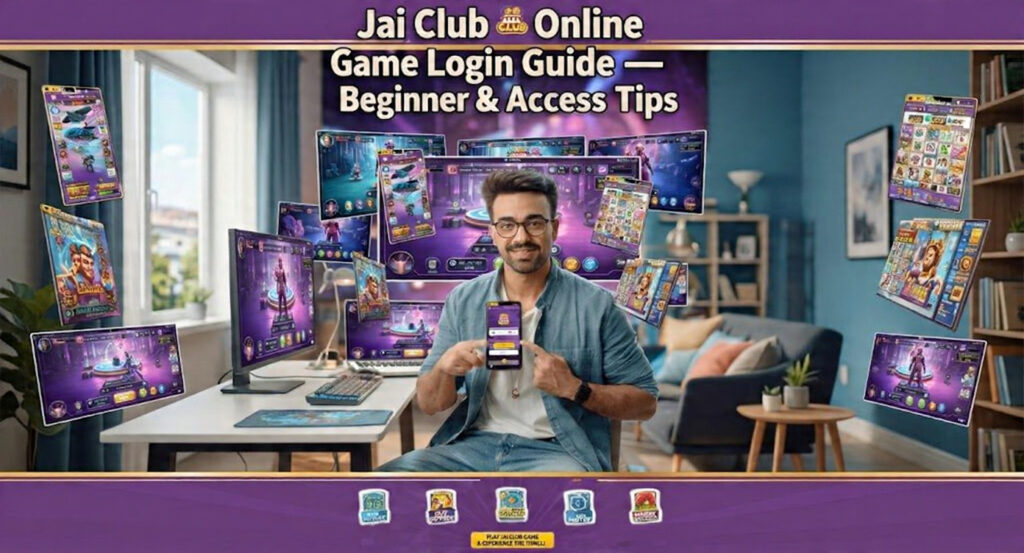 Man in blue shirt and glasses smiling while holding phone displaying Jai Club game login screen. Floating screenshots of Aviator, Ludo, Lottery, Slots and other games surround him in a bright home office. Purple header text says "Jai Club Online Game Login Guide — Beginner & Access Tips". Bottom banner shows trust badges and call-to-action button.