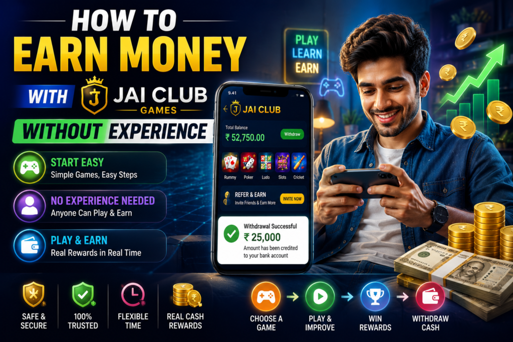 A vibrant promotional graphic for the "Jai Club" gaming app. On the right, a smiling young man plays a game on his smartphone, surrounded by stacks of Indian Rupee notes and coins. The center features a phone screen showing a successful withdrawal of ₹25,000. Text on the left highlights "Start Easy," "No Experience Needed," and "Play & Earn." The bottom bar displays a four-step process: Choose a Game, Play & Improve, Win Rewards, and Withdraw Cash, alongside trust badges for safety and security.