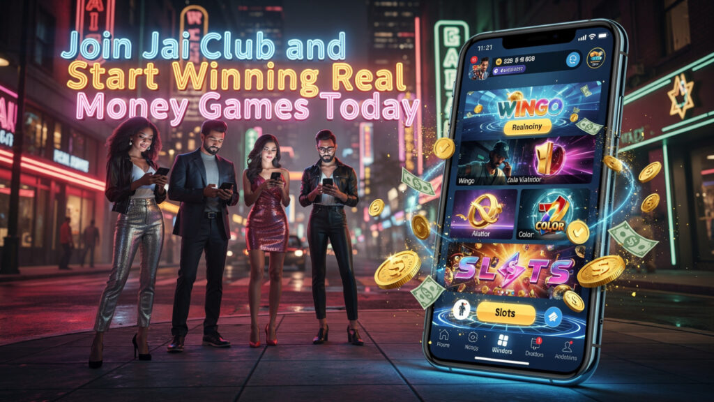 A high-resolution promotional banner for Jai Club Games featuring modern, stylish people using smartphones on a vibrant neon city street at night, with a large mobile interface showing Wingo, Slots, and Color games surrounded by floating gold coins.