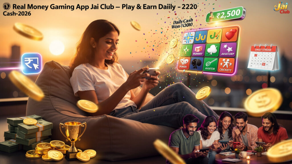Smiling young woman on bean bag playing Jai Club app at sunset, gold coins and confetti bursting from phone showing rummy, poker, aviator, cricket games. Daily streak calendar, ₹2,500 win notification, cash stacks, trophy, and friends group playing together.