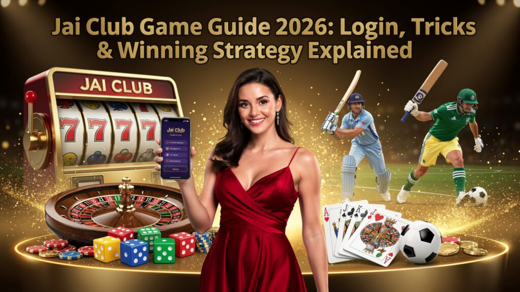 A glamorous promotional image for the "Jai Club" gaming platform. A woman in a red dress stands centrally, holding a smartphone showing the app. Around her are various casino and sports elements: a slot machine showing triple sevens, a roulette wheel, colorful dice, playing cards, a soccer ball, and cricket players in action. The background is a glowing, golden arena setting with the text "Jai Club Game Guide 2026: Login, Tricks & Winning Strategy Explained" at the top.