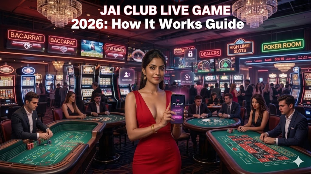 A 4K promotional banner showing a woman in a red dress holding a smartphone in a luxury casino setting with "Jai Club Live Game 2026" text.