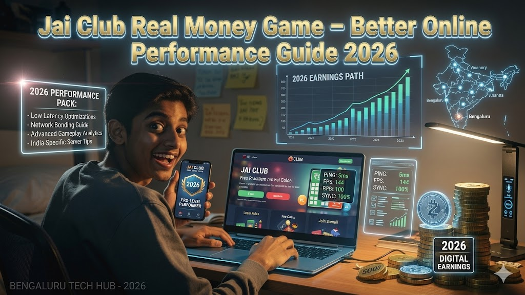 A digital illustration featuring a young man at a computer desk. The image is overlaid with high-tech graphics, including an "Earnings Path" bar graph, a performance checklist, and a map of India highlighting tech hubs like Bengaluru. He holds a smartphone displaying a "2026 Pro-Level Performer" badge.