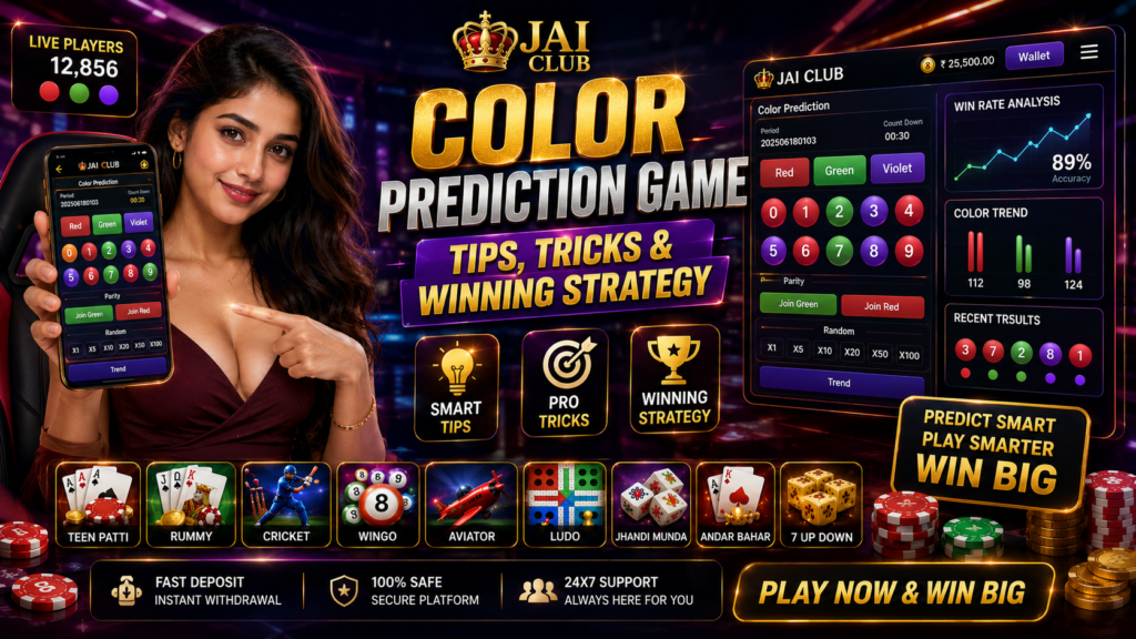 Beautiful girl holding smartphone with Jai Club color prediction game dashboard and glowing gaming visuals.