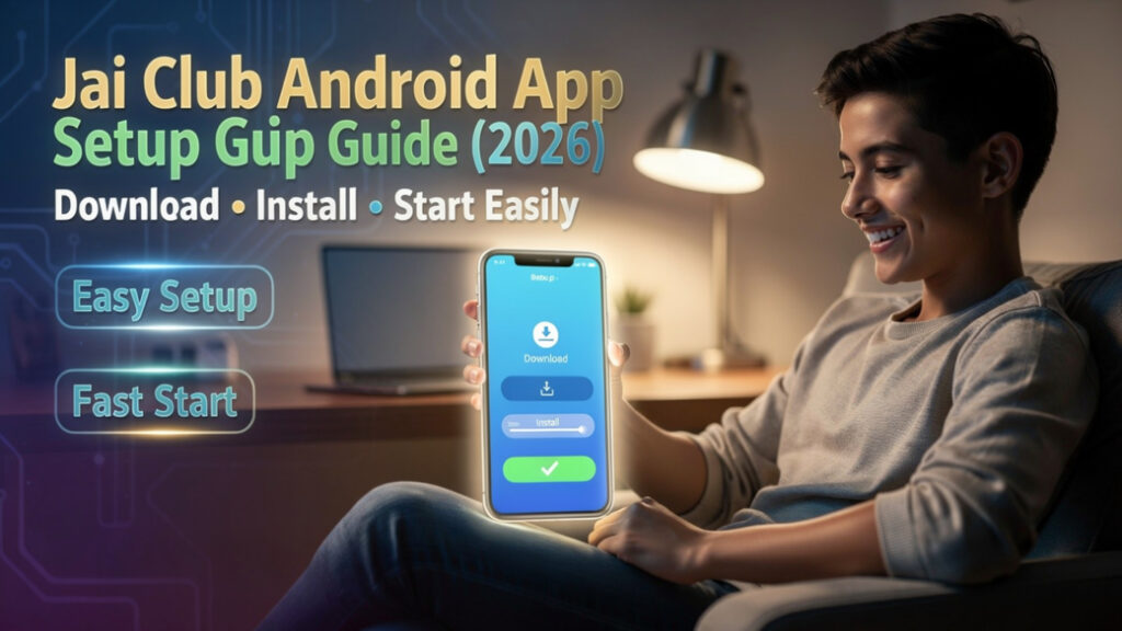 Young man smiling at home while holding a smartphone displaying the Jai Club app download and install screen. Text overlay says "Jai Club Android App Setup Guide (2026)" with tags "Easy Setup", "Fast Start", "Beginner Friendly.
