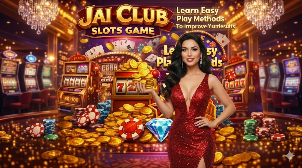 A professional woman in a red dress standing next to a Jai Club slots game with gold coins