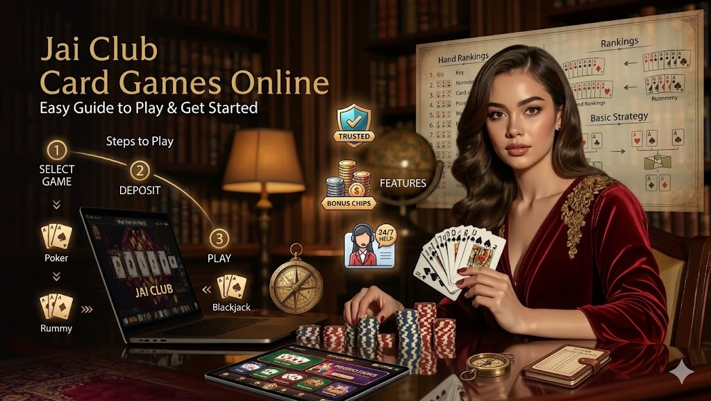 Infographic showing a woman in a red dress with a 3-step guide (Select Game, Deposit, Play) for Jai Club card games, featuring Poker, Rummy, and Blackjack.