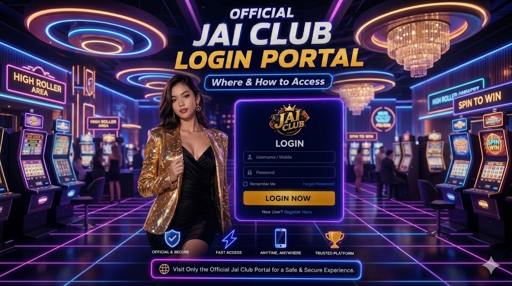 A woman in a gold sequins blazer standing next to the official Jai Club login portal UI