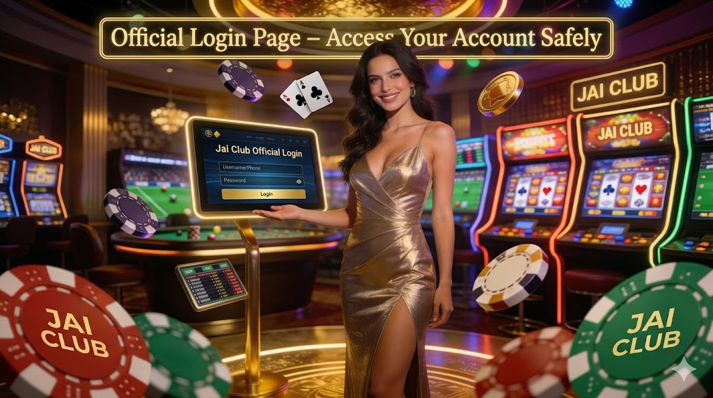 A woman in a gold dress pointing to a Jai Club official login terminal in a premium gaming hall