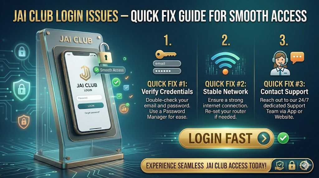 Futuristic 16:9 banner for Jai Club featuring a smartphone on a tech stand showing a secure login screen, alongside a 3-step troubleshooting guide for credentials, network, and support.