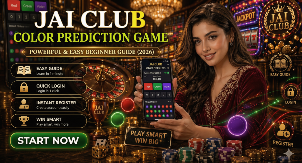 Jai Club Color Prediction Game mobile interface with color options and live results dashboard.