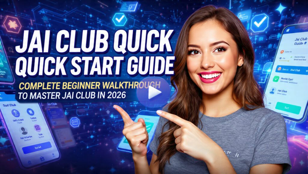 A smiling woman in a gray t-shirt points to text that reads "JAI CLUB QUICK START GUIDE: Complete Beginner Walkthrough to Master Jai Club in 2026," with smartphone app screens and digital tech graphics in the background.