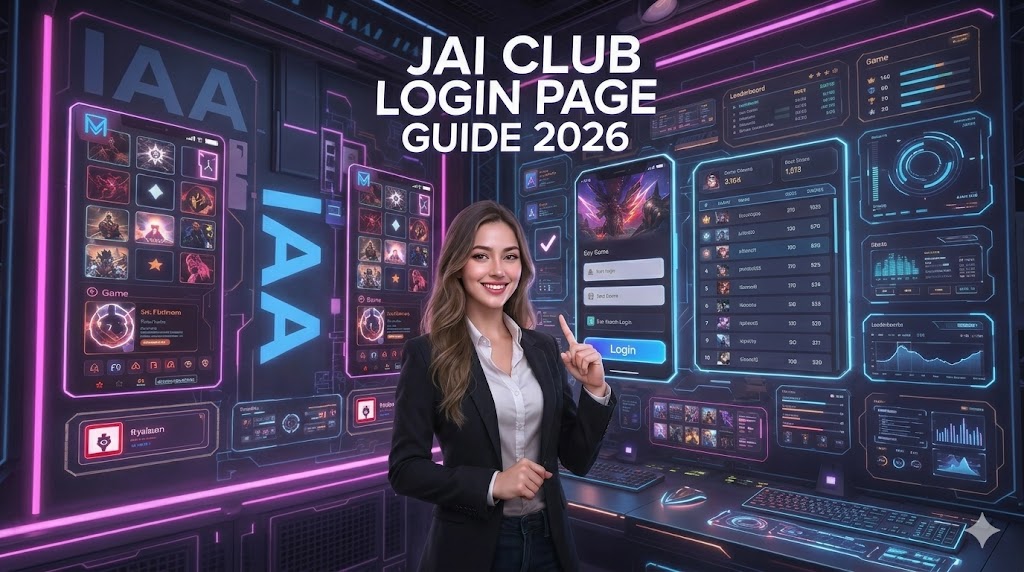 Ultra-realistic 16:9 banner featuring a stylish professional woman in a blazer pointing toward a digital smartphone login screen, set against a futuristic neon-lit command center background.